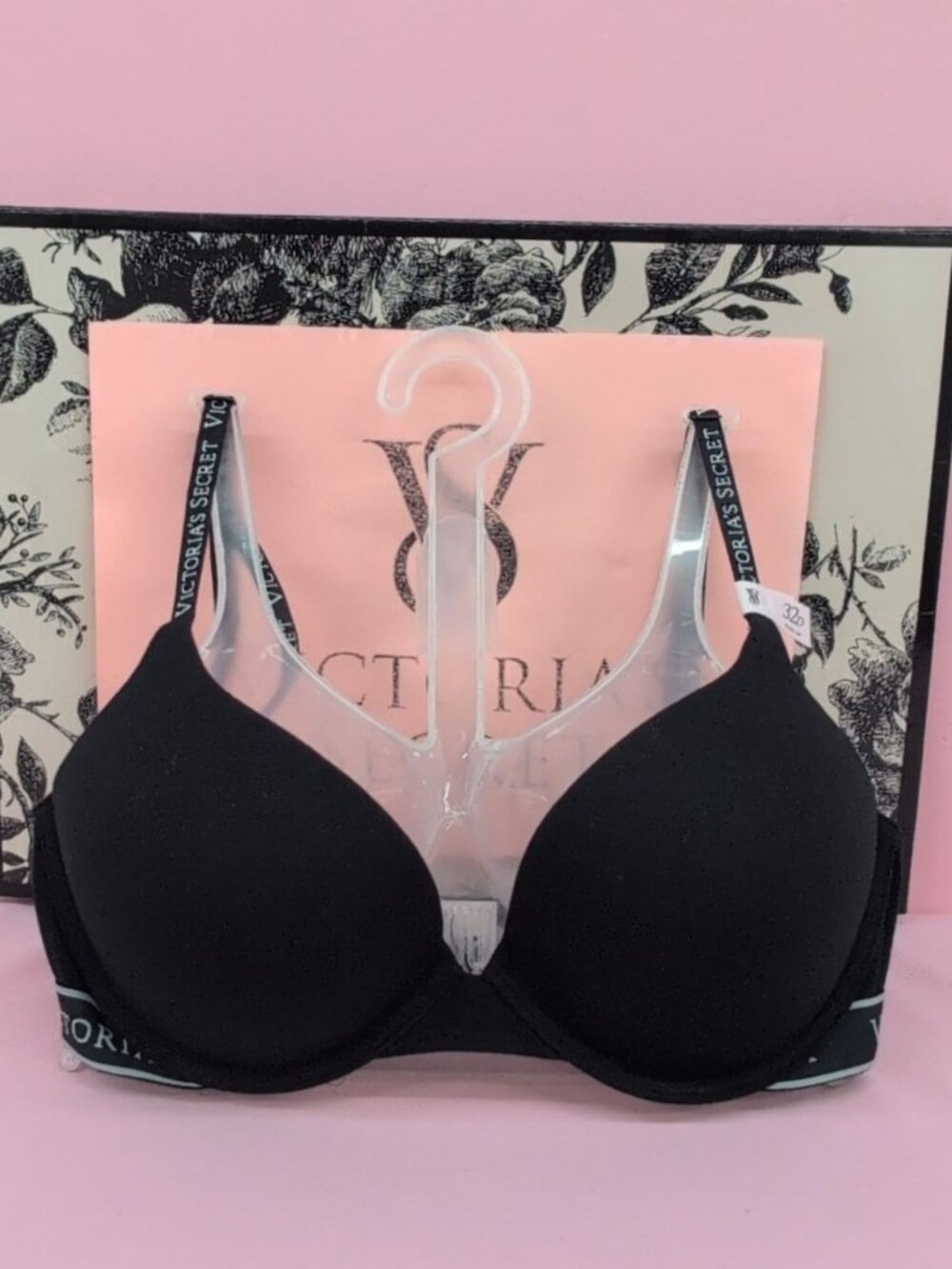 Victoria Secret Cotton Logo Perfect Shape Underwire Push Up Bra 32D Black